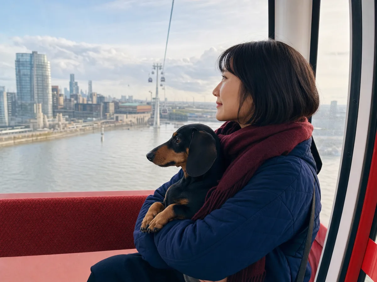 A woman safely holding a dachshund inside the London Cable Car in sunshine