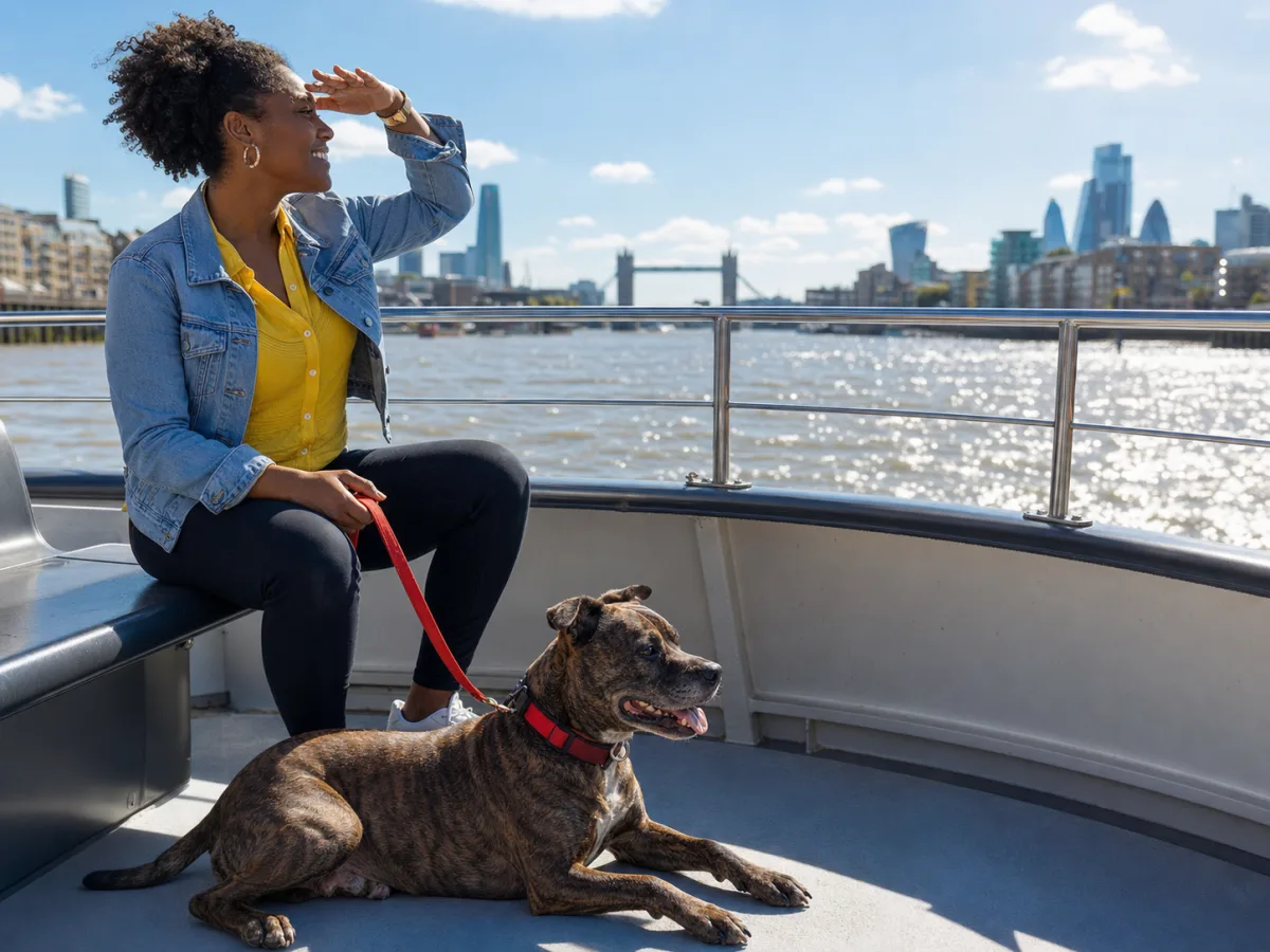 A woman and her dog enjoying a sunny Uber Boat journey