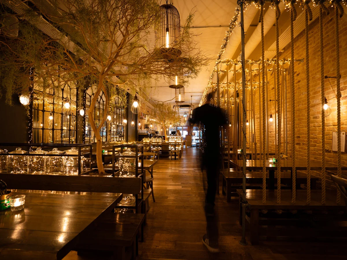 Warmly lit interior at Mowgli Street Food Cardiff