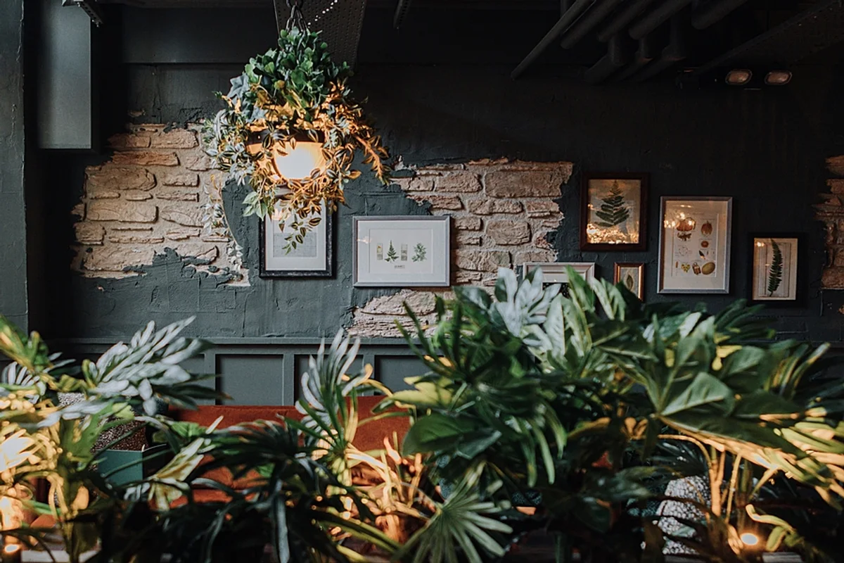Lush foliage, a hanging lamp and framed botanical prints inside a Botanist restaurant