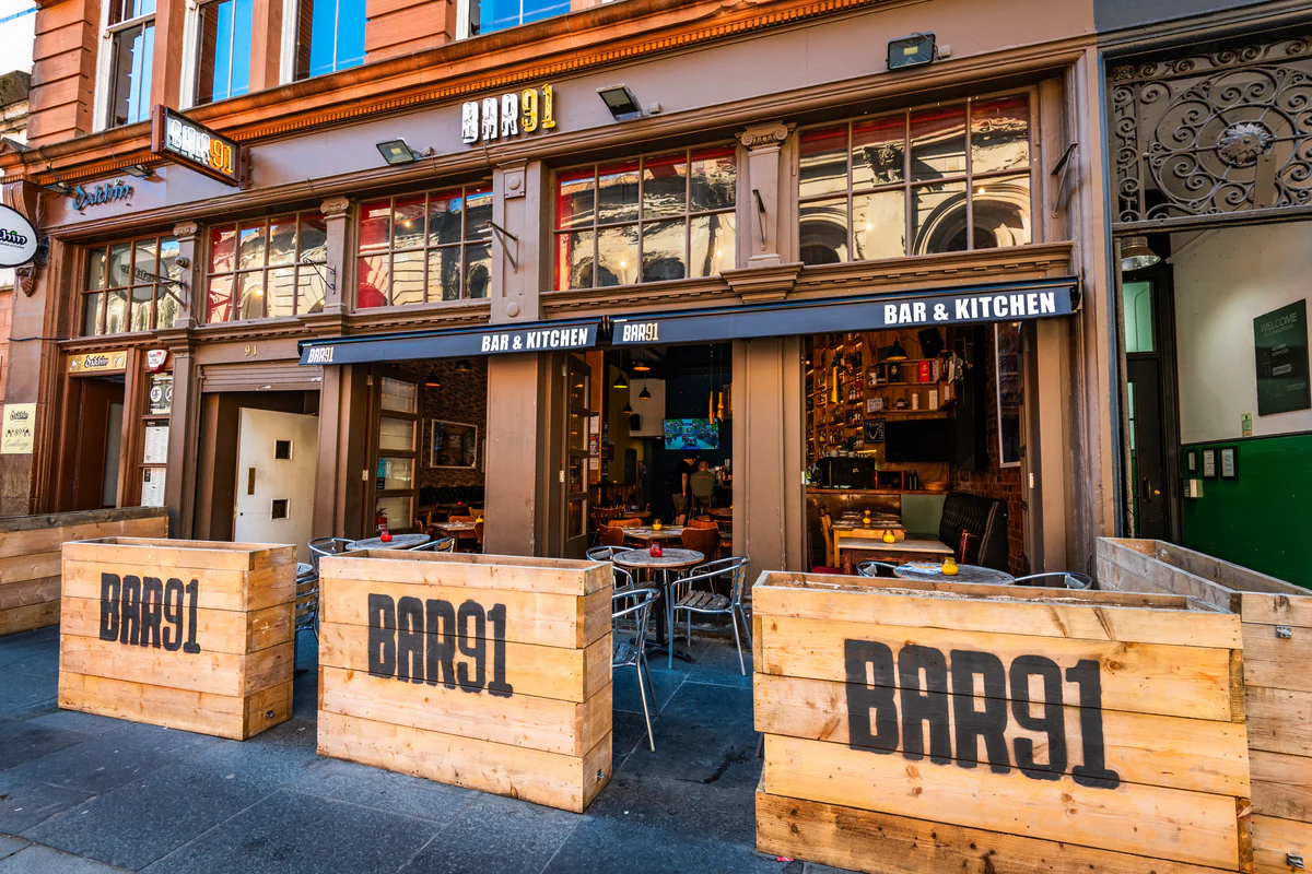 Bar 91 frontage and terrace on Candleriggs in Merchant City.