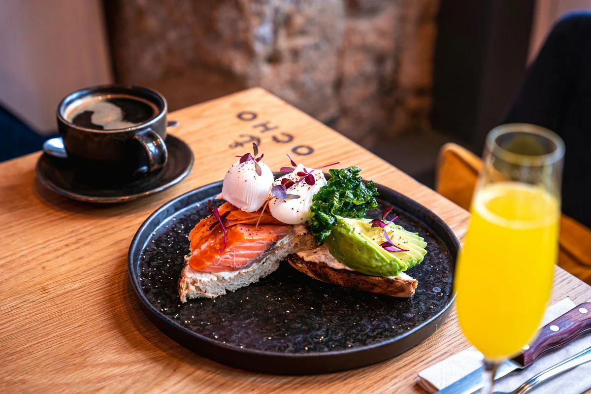 Plated brunch and drinks from Ocho on Speirs Wharf.