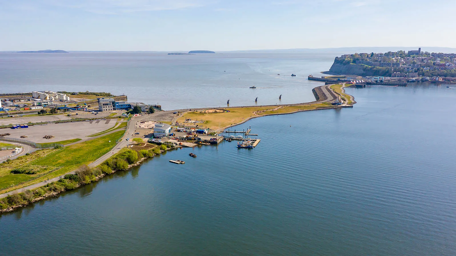 Aerial view across Cardiff Bay and the Barrage towards Penarth