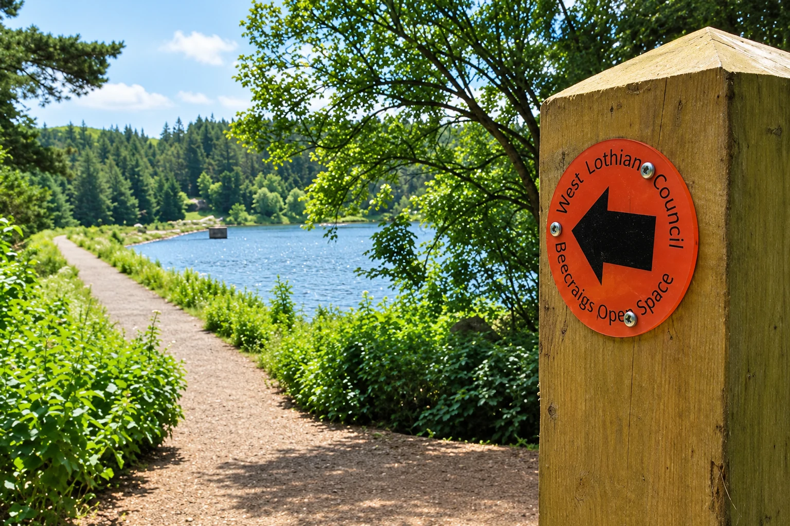 An Orange Route marker beside a surfaced path and loch at Beecraigs